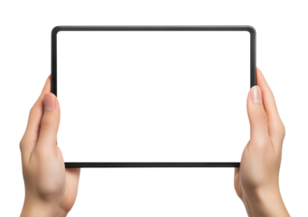 Hands holding black tablet with blank screen, isolated on transparent cutout background