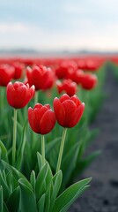 Vibrant Red Tulips Blooming in a Field against a Soft Focus Backdrop of Greenery