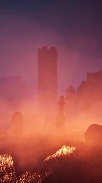 Halloween. Activating a portal to summon a demon in an abandoned old cemetery. 3D rendering.
