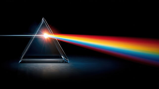 Clear triangular prism refracts white light, splitting it into a vibrant spectrum of colors against a black background, demonstrating the principles of light dispersion.