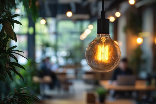 Close-up of a lit bulb hanging in a warm, inviting space with blurred figures and greenery