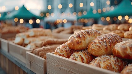 Variety Of Freshly Baked Bread And Pastries Displayed At A Street Food Stall Under Warm Evening Lighting