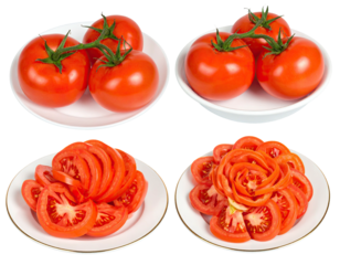 Four plates of tomatoes, whole and sliced, arranged in a 2x2 grid