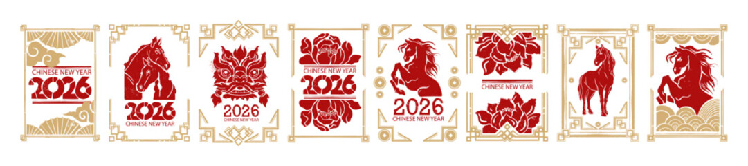 Chinese 2026 New Year horse poster, hand drawn traditional lunar holiday postcard animal shape print. Asian greeting lucky wealth decoration, zodiac symbol Japanese frame. Chinese horse festive banner
