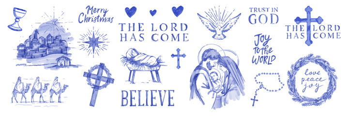 Watercolor Christmas illustration set, hand drawn nativity Christ religion doodle decor print, cross. Holiday greeting postcard, Holy Bible symbol and quote celebration wreath. Christmas nativity sign