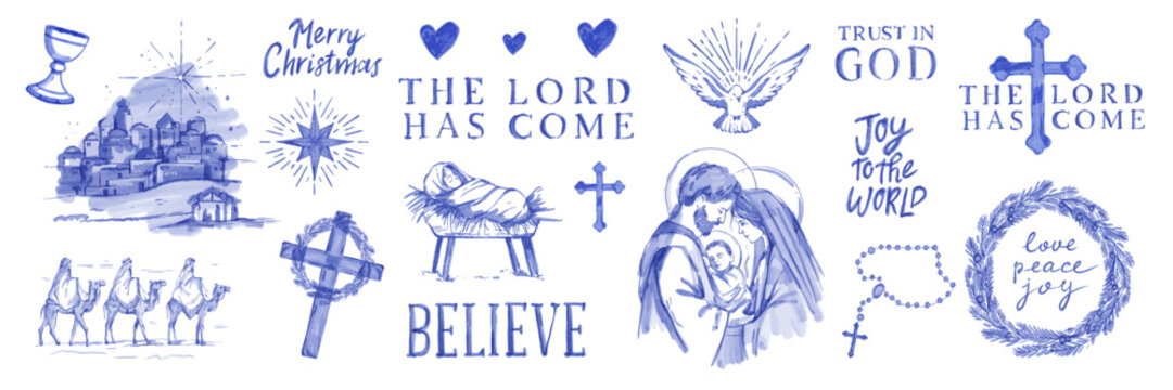 Watercolor Christmas illustration set, hand drawn nativity Christ religion doodle decor print, cross. Holiday greeting postcard, Holy Bible symbol and quote celebration wreath. Christmas nativity sign
