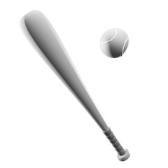 Monochrome Baseball Bat and Ball Still Life on Transparent Background