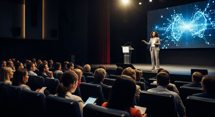 Entrepreneur shares insightful talk about technology and leadership at professional business conference, teaching and sharing experiences. Diverse multi-ethnic guests of all ages sitting in auditorium