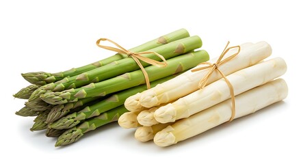 Fresh Green and White Asparagus Bundles Tied with Raffia on White Background, High-Resolution Minimal Food Photography