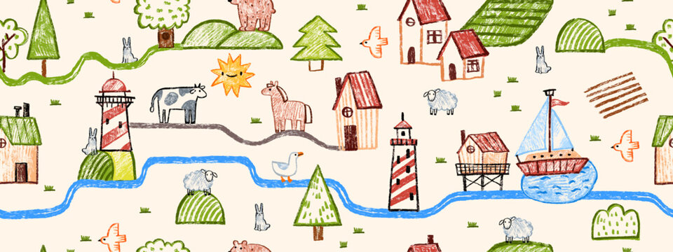 Kids landscape seamless pattern, hand drawn naive childish map background wax crayon doodle print. Kindergarten cute cartoon village countryside road repeat background. Kids landscape wallpaper design