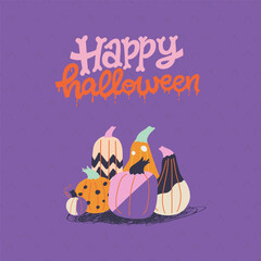 Hand drawn illustration of group of unique painted pumpkins and hand lettering inscription Happy Halloween. Holiday greeting card design, print, poster, invitation or decoration.