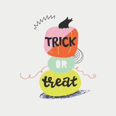 Trick or Treat inscription on stack of painted pumpkins. Hand drawn lettering phrase for Halloween day. Greeting card design, holiday poster, invitation