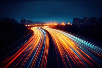 Long exposure night photo of a curving highway with light trails, city in the background