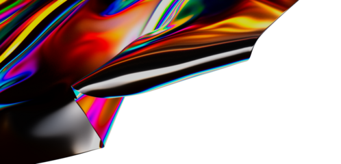 Abstract holographic foil with a rainbow color spectrum, creating a modern and artistic visual with light reflections on a reflective surface. P