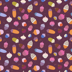 Cute seamless pattern with colourful hand drawn acorns. Bright autumn tiling background.