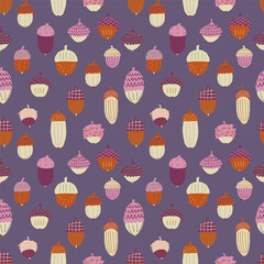 Seasonal autumn seamless pattern with colorful hand drawn acorns