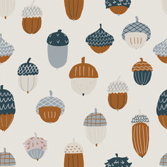 Seasonal autumn seamless pattern with colorful hand drawn acorns 