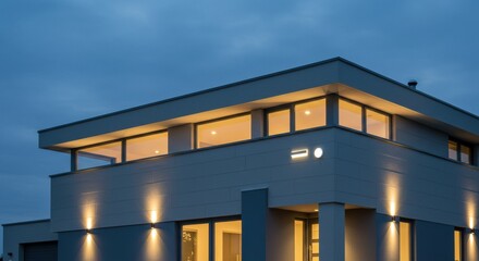 Modern house exterior at dusk with lights illuminating the facade.