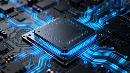 Futuristic Blue Microchip on Circuit Board