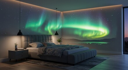 A modern bedroom with a large bed and two pendant lamps, illuminated by a vibrant aurora borealis projection on the wall and ceiling.
