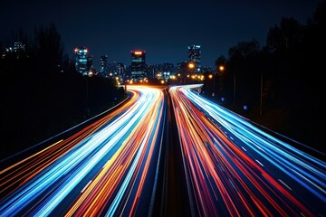 Night highway with car light trails leading to a city skyline under a dark blue sky