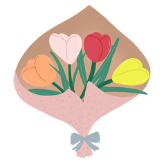 bouquet of tulips, flower wrappingwith ribbon