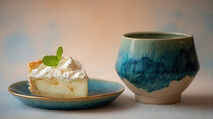 A slice of pear pie with whipped cream and mint.