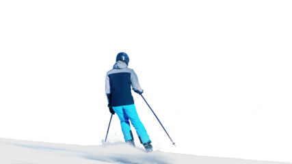 A skier on a mountainside in motion with splashes of snow containing small particles on an isolated transparent background. Back view.. PNG.