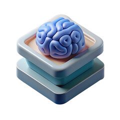 AI Diagnostics 3D Icon, Stylized Blue Brain on Palette Symbolizing Medical Artificial Intelligence, Isometric Matte Plastic on Transparent Background