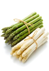 Fresh Green and White Asparagus Bundles Tied with Raffia on White Background, High-Resolution Minimal Food Photography