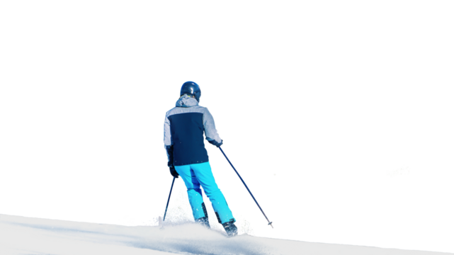 A skier on a mountainside in motion with splashes of snow containing small particles on an isolated transparent background. Back view.. PNG. - Powered by Adobe