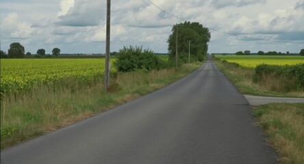 Country road through yellow fields under cloudy sky