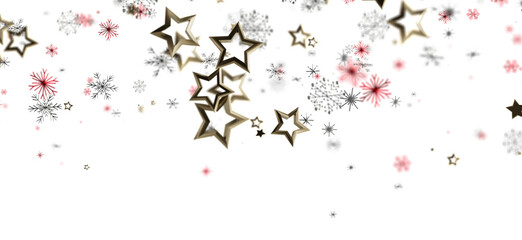 Elegant winter holiday design with golden stars and delicate snowflakes on a clean white background. Perfect for festive greetings, seasonal pro