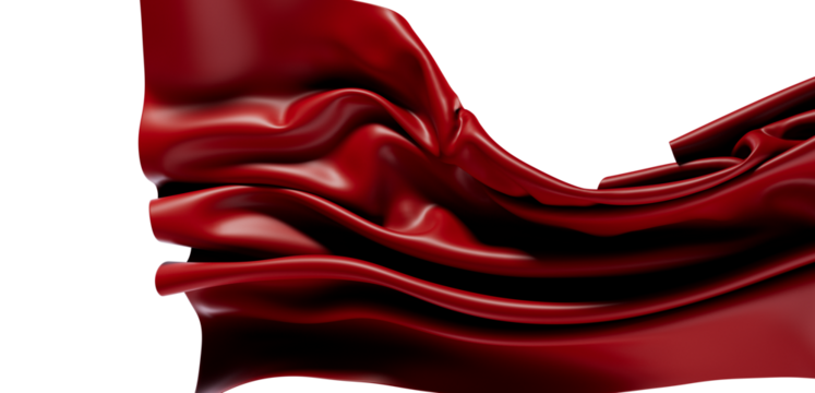 Artistic rendering of flowing red fabric in a wave pattern against a white background. Ideal for luxury, design, fashion, and texture concepts.