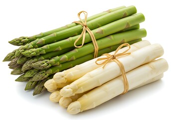Fresh Green and White Asparagus Bundles Tied with Raffia on White Background, High-Resolution Minimal Food Photography