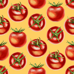 Seamless watercolor pattern with fresh red tomatoes. Watercolor tomatoes. This hand-drawn botanical pattern is perfect for fabric, packaging and kitchen decor.