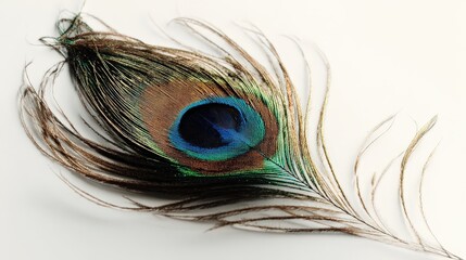 Obraz premium Single peacock feather natural beauty, exotic bird plumage decoration, colorful iridescent nature art 