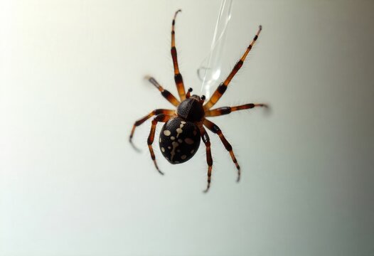 Orb-weaver spider hanging from a thread