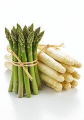 Fresh Green and White Asparagus Bundles Tied with Raffia on White Background, High-Resolution Minimal Food Photography