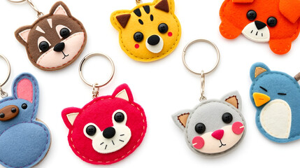 Obraz premium Flat vector felt animal keychains with stitching and button eyes, DIY style, isolated on white