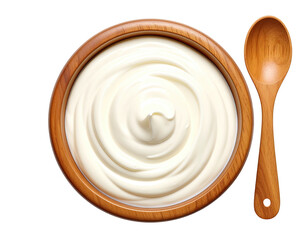 Creamy white dairy in a wooden bowl with a spoon
