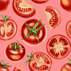 Seamless watercolor pattern with fresh red tomatoes. Watercolor tomatoes. This hand-drawn botanical pattern is perfect for fabric, packaging and kitchen decor.
