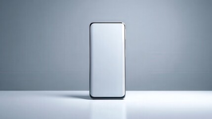 A sleek, modern smartphone stands vertically on a reflective white surface, showcasing a minimalist design with a clean, uncluttered display and a shiny metallic frame against a soft, gradient gray...