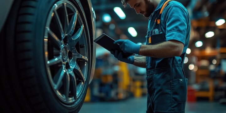 Mechanic in blue overalls uses a tablet to inspect a car wheel in a well-lit automotive shop