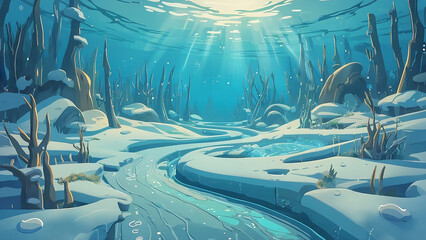  An underwater scene featuring a flowing stream surrounded by lush trees and aquatic plants