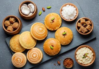 Fototapeta premium Traditional Indian Sweet Gujiya and Snacks Served on Decorative Plate for Holi and Diwali Festival Celebration Concept