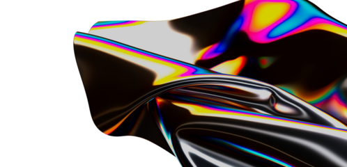Dynamic and artistic abstract composition featuring a flowing, reflective iridescent surface. Evokes feelings of fluidity, innovation, and futur