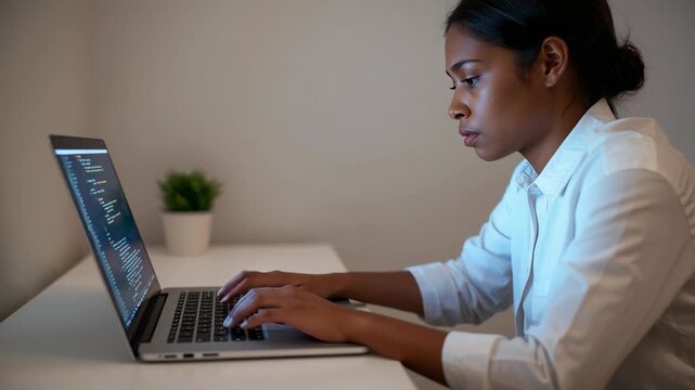 Leaning forward developer in white shirt typing and reviewing code in office, with laptop and plant