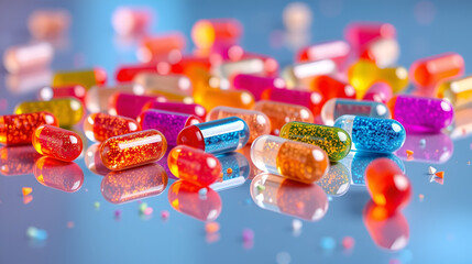 Colorful capsules with glittery contents are scattered on reflective surface, creating futuristic and vibrant atmosphere. image suggests innovation in pharmaceuticals and personalized medicine