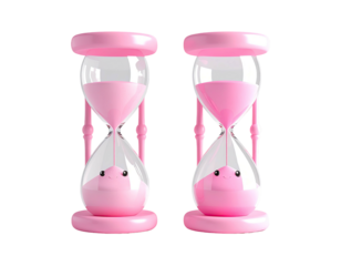 Two identical pink hourglass timers with smiling faces on the sand containers
